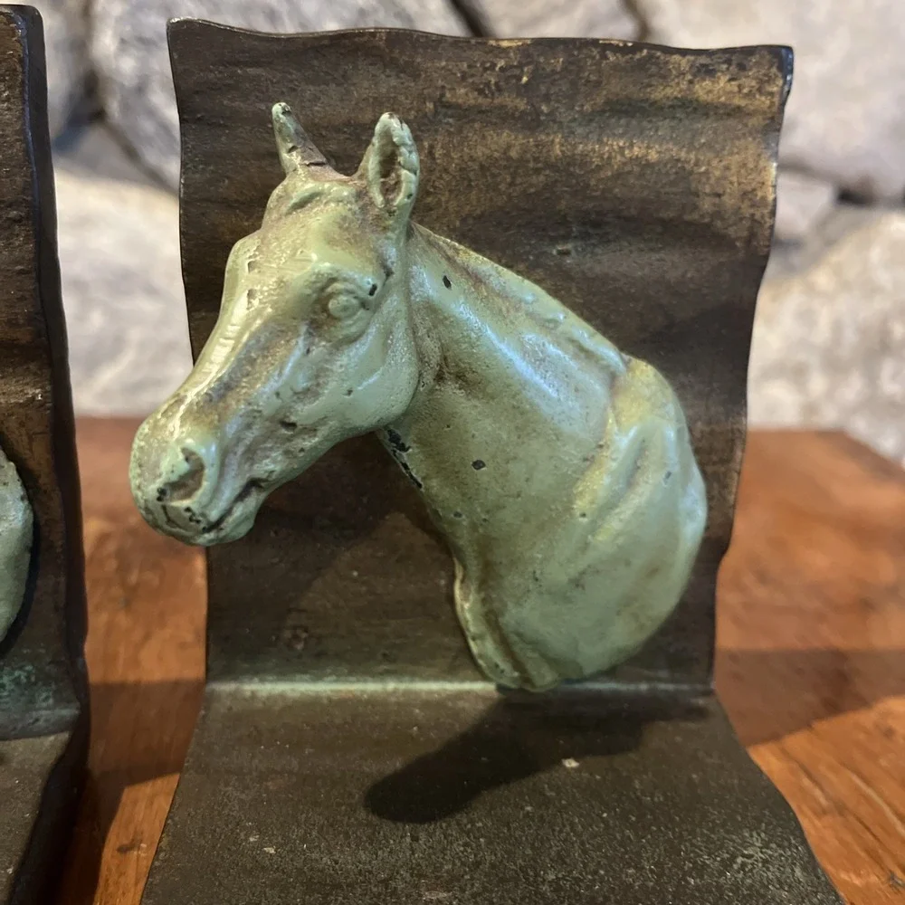 Antique Vtg Rare Horse Head Bookends, Heavy Metal, Nice Green Patina, 4x5x3